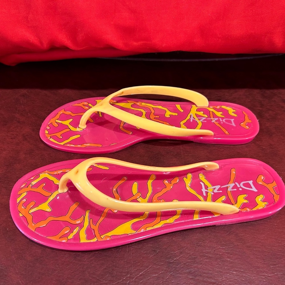 Dizzy Hot Pink and Yellow Flip Flops Size 38